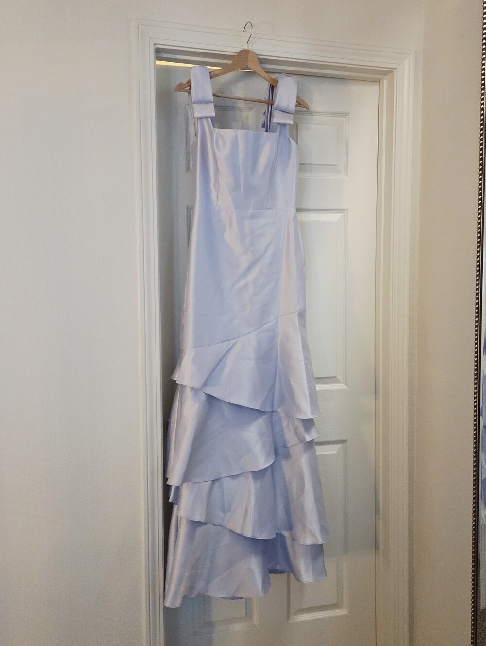 Dessy Collection Silver Dove light blue satin dress with ruffled tiers, size 4